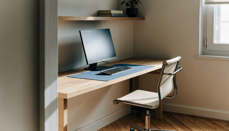 Bureau à domicile aménagé avec écran, clavier et tapis laissant de la place à la souris