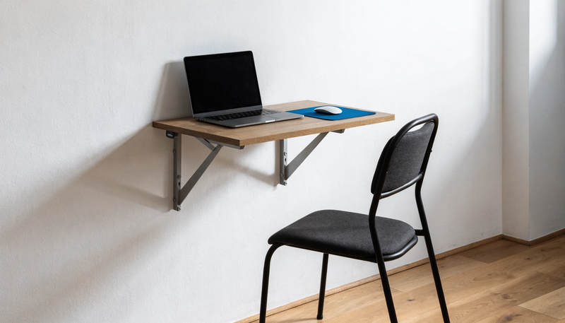 Bureau mural rabattable ouvert avec ordinateur portable et tapis compact