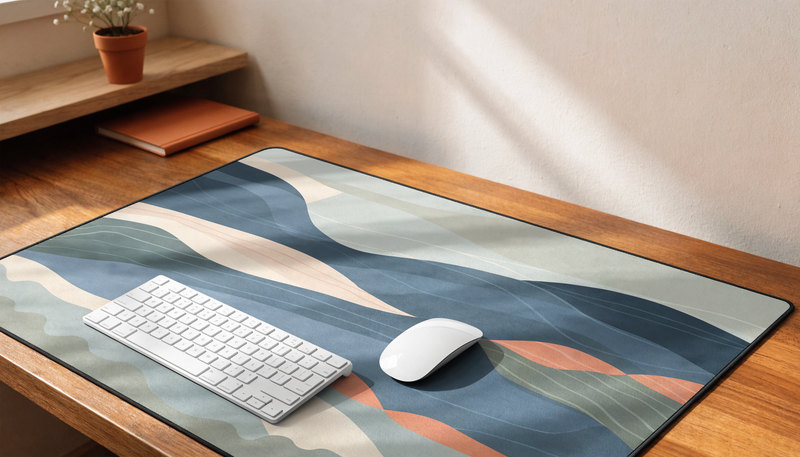 Tapis à motif abstrait accordé aux couleurs d’un bureau en bois