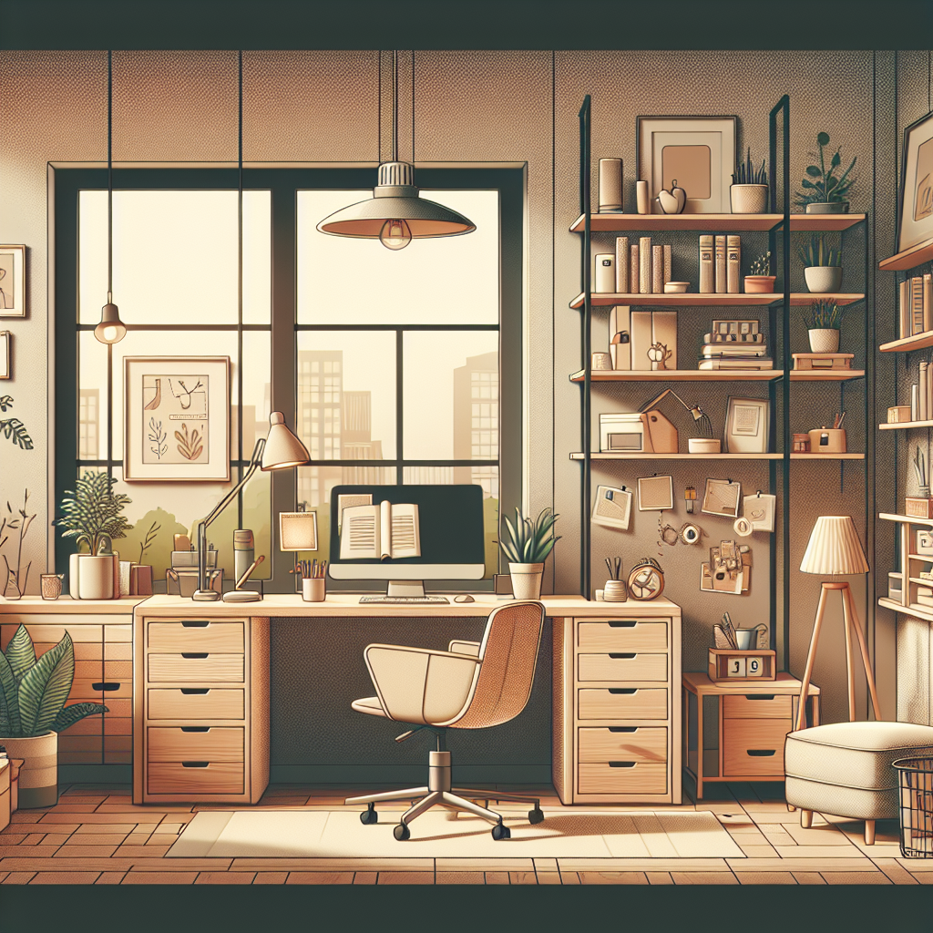 Illustration d’un petit bureau avec des rangements autour du plan de travail
