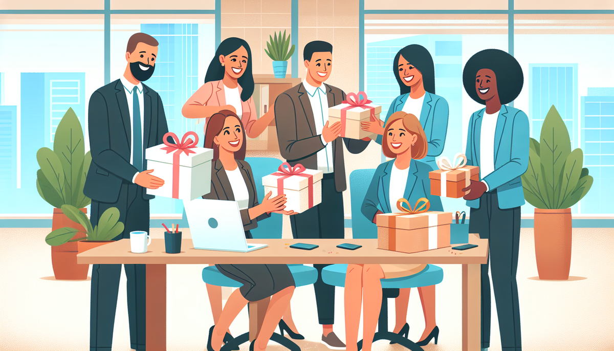 Illustration de collègues réunis au bureau pour offrir des cadeaux