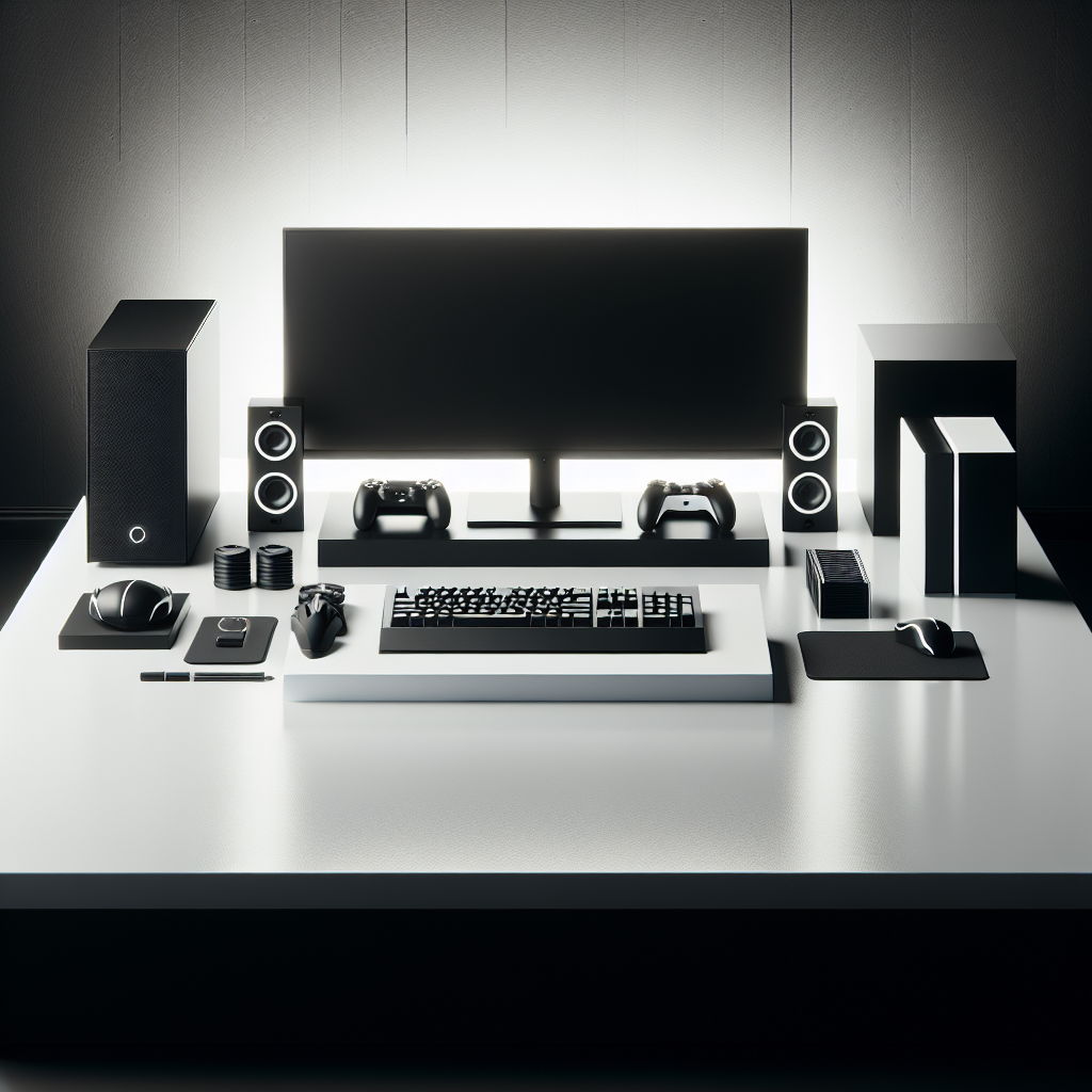 Illustration d’un setup de bureau noir et blanc avec écran et accessoires