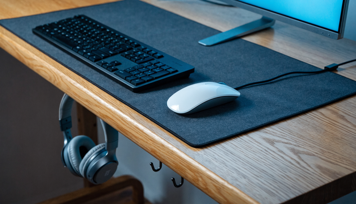 Setup gaming réorganisé avec câbles rangés et espace libre autour de la souris