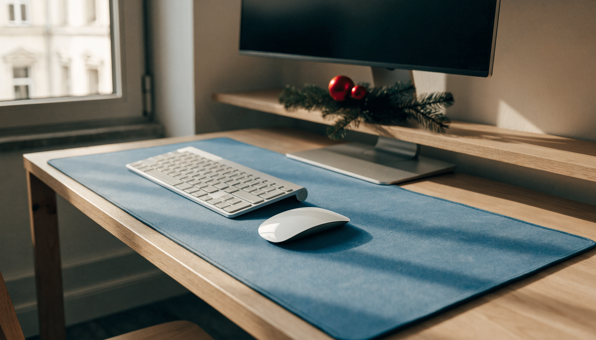 Bureau décoré sobrement pour Noël, avec un tapis et une zone de souris dégagée