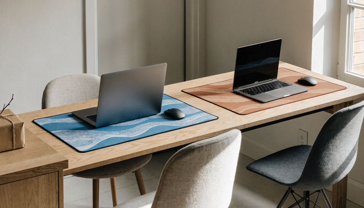 Deux postes de travail côte à côte avec des tapis aux motifs complémentaires