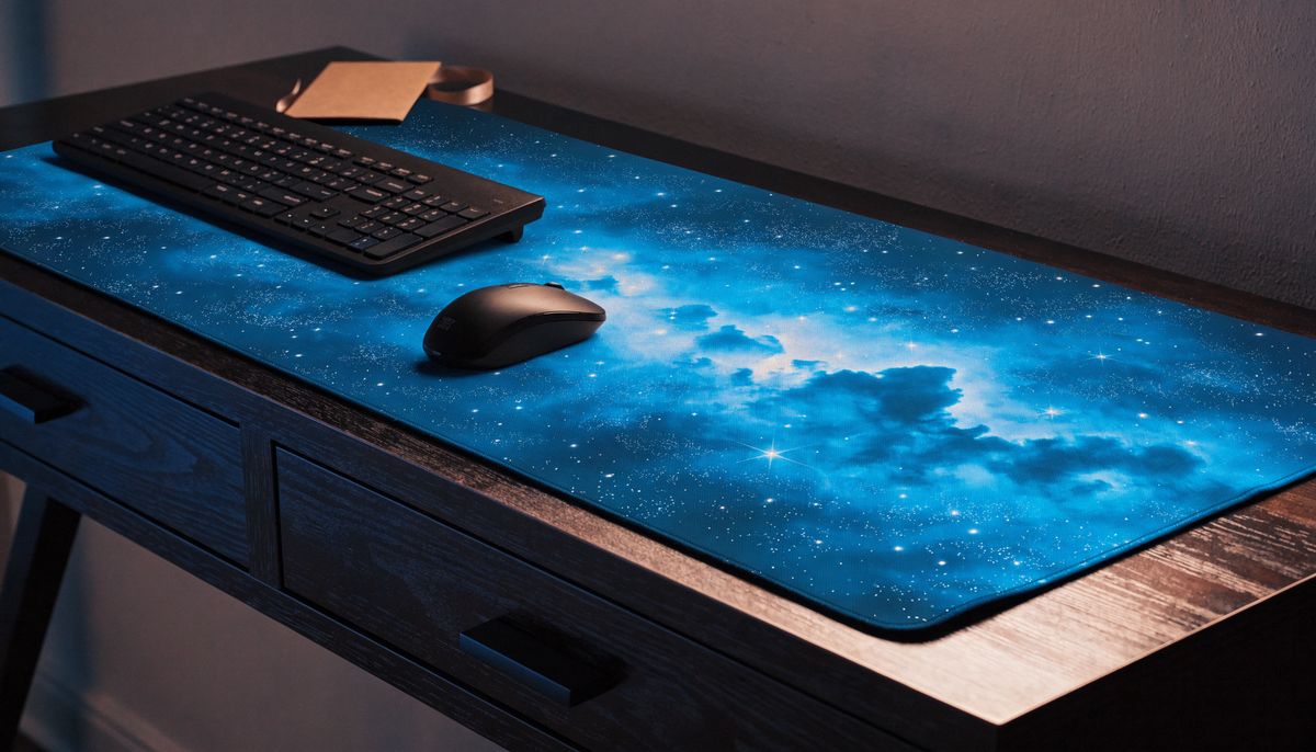 Grand tapis à motif spatial offert pour un bureau gaming sobre
