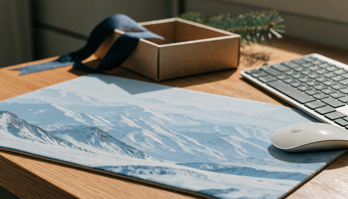 Tapis de souris à motif hivernal présenté avec un emballage cadeau près d’un clavier