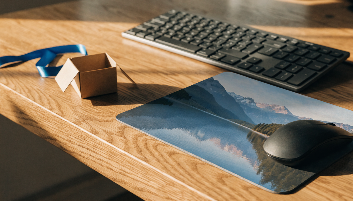 Tapis de souris imprimé d’un paysage, présenté comme un cadeau sur un bureau