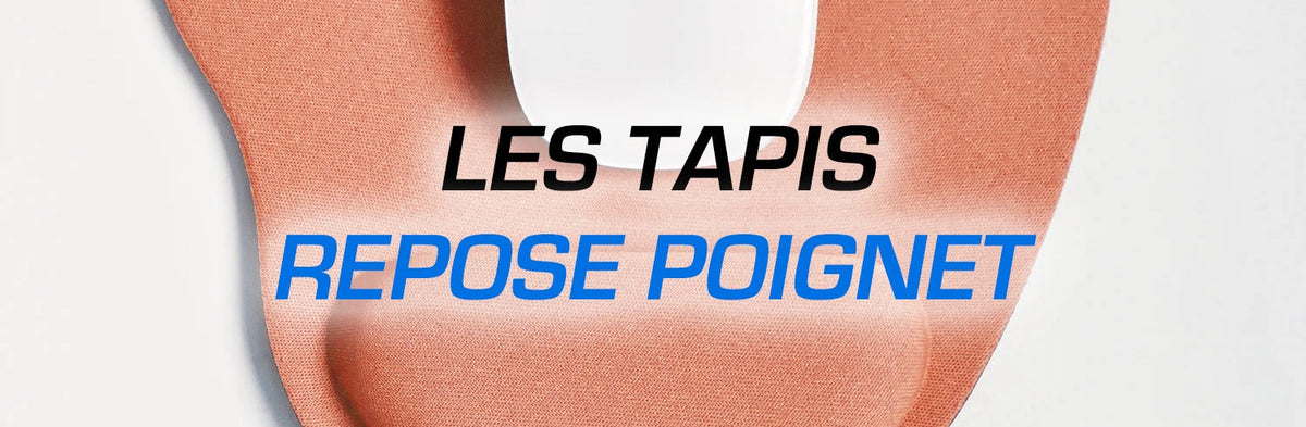 Tapis de souris rose et titre « Les tapis repose-poignet »
