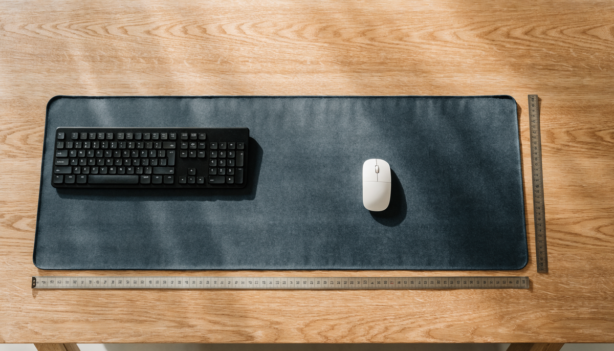 Zone libre pour la souris à droite d’un clavier, avec un mètre placé le long du tapis