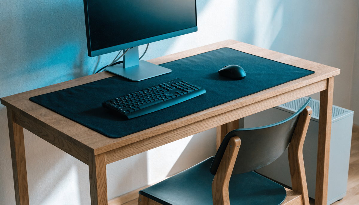 Premier setup gaming simple avec écran, clavier, souris et tapis sur un bureau dégagé