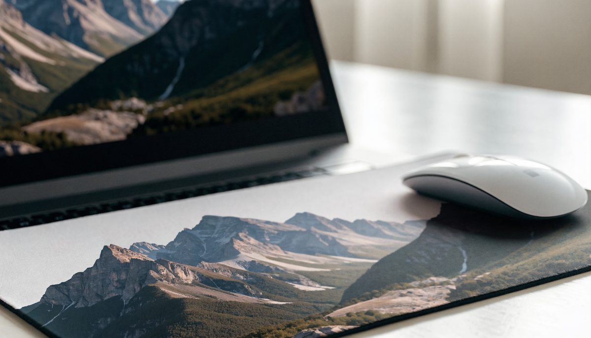 Image de paysage affichée à l’écran et imprimée sur un tapis de souris